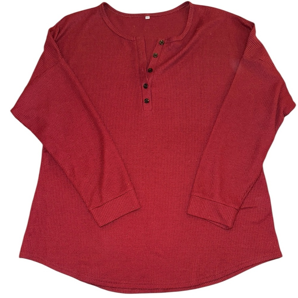 Red Waffle Knit Long Sleeve Henley Shirt XXL